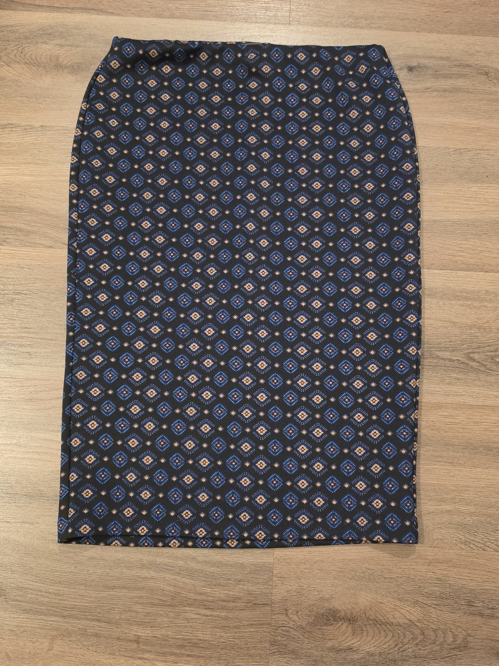 Metaphor Navy Geometric-Print Pencil Skirt with Accent Blue and Tan Motifs